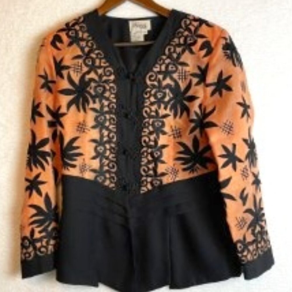 JSONG VINTAGE FORMAL JACKET BLACK/PEACH SIZE 10 W/FROG BUTTON FRONT CLOSURE